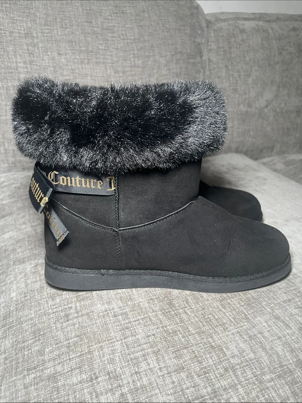 Juicy Couture Black Faux Fur Cuff Ankle Boots with Gold Logo Bows